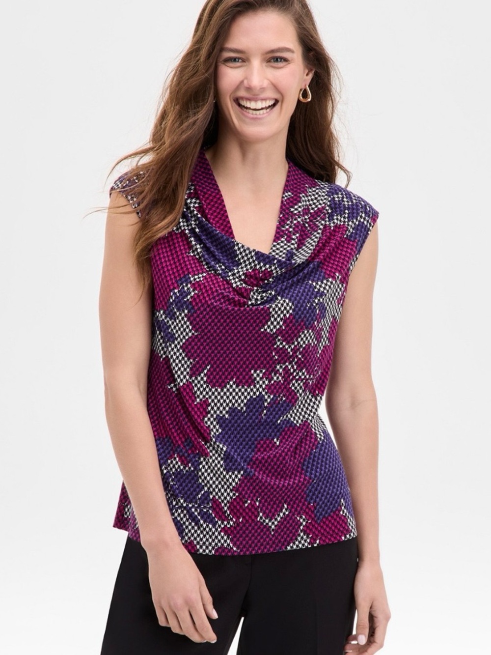 Kasper Houndstooth Magenta and Purple Floral Cowl Neck Blouse